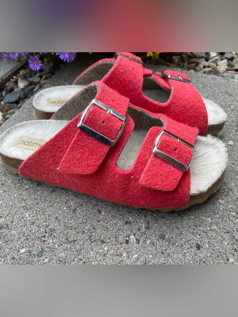 Women's Biotime Red Felt FRANI Double-Buckle Slide Sandals